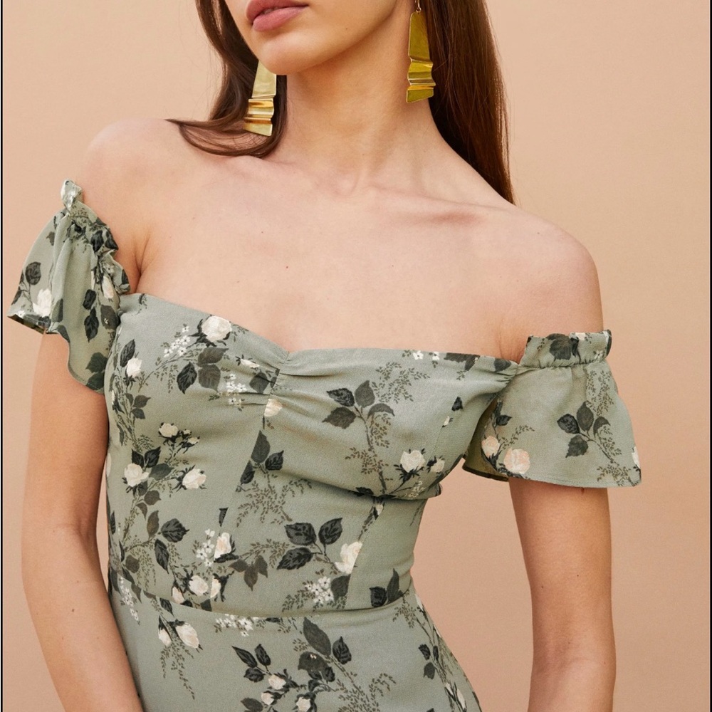 Reformation Sage Green Floral Strapless Midi Dress